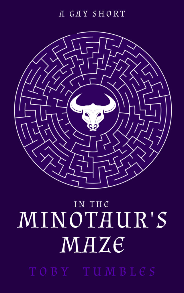 A gay short: In the Minotau'rs Maze. A silver maze with a bull's head at the center rests on a royal purple background.